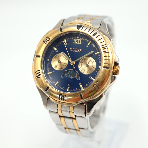 Vintage GUESS Moon Phase Men Watch 38mm Blue Dial Day Date 1995 w New Battery - Picture 1 of 15